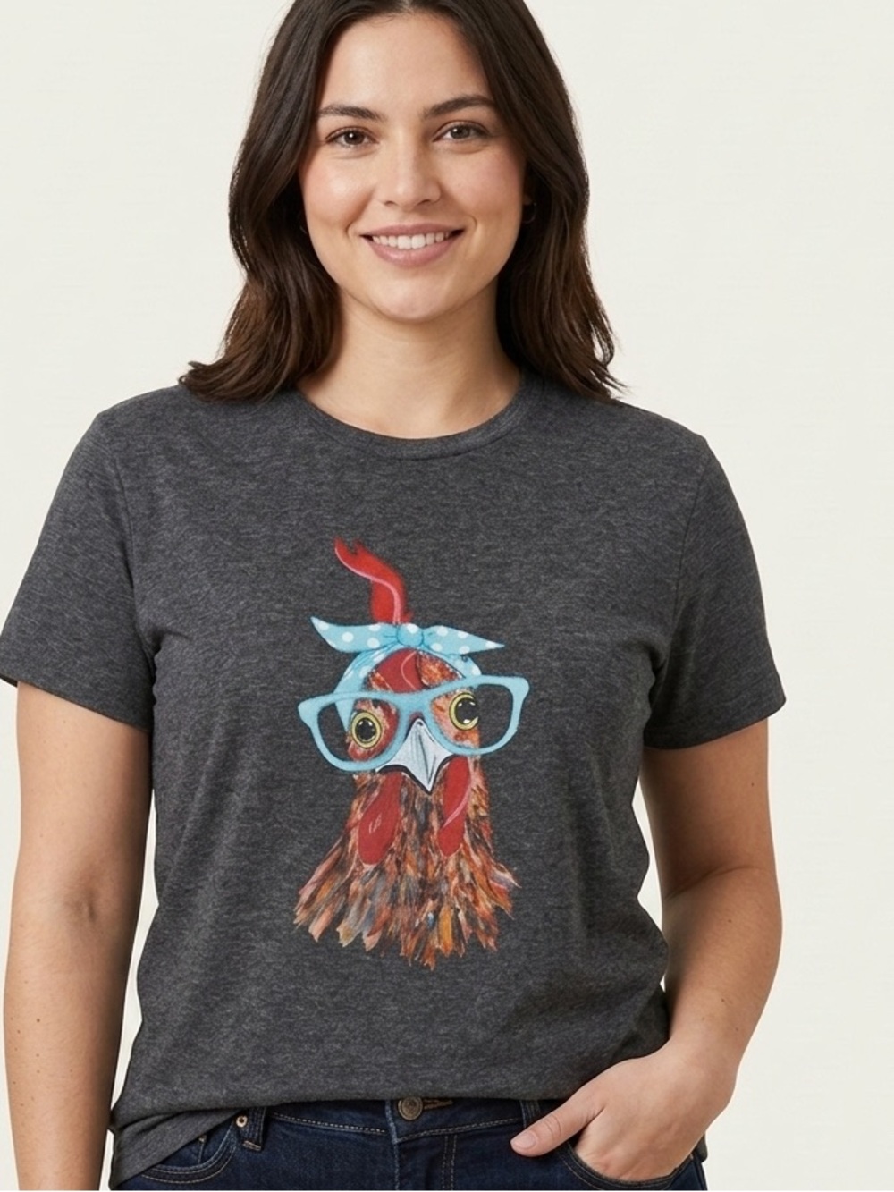 Chic Geek Chicken Graphic Tee | Gray Heather Crew Neck Short Sleeve Shirt Small